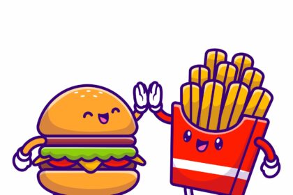 Cute Hamburger with French Fries Cartoon Vector