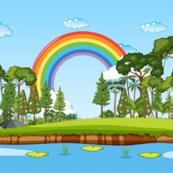 Hutan Awan dan Pelangi Desain Vector
