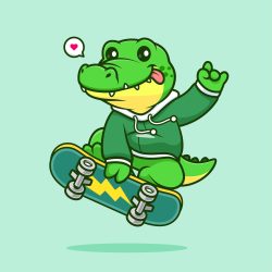 Buaya Lucu Bermain Skateboard Vektor Kartun Ilustrasi