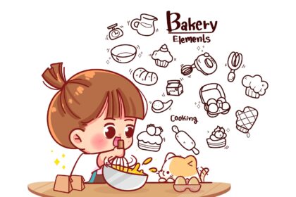 Cute Girl Cooking Kitchen Bakery Doodle Elements Cartoon Illustration