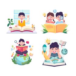 Ilustrasi Karakter Vektor Anak-Anak Membaca buku yang Lucu