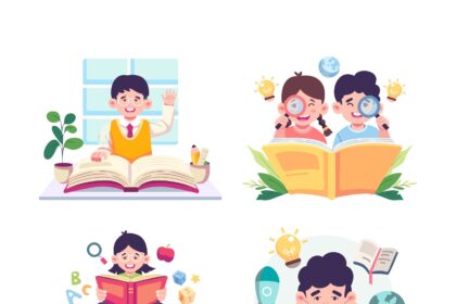 Ilustrasi Karakter Vektor Anak-Anak Membaca buku yang Lucu