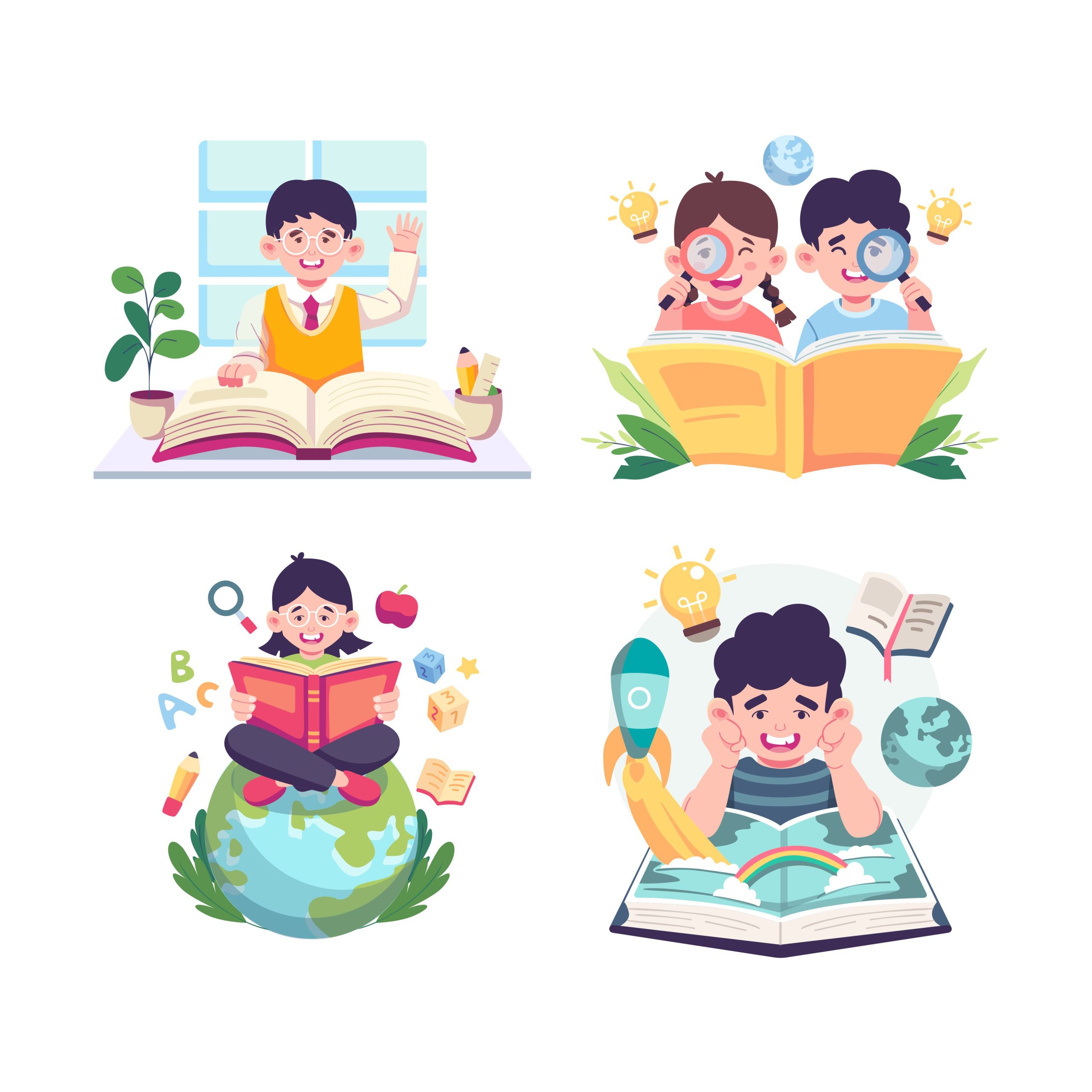 Ilustrasi Karakter Vektor Anak-Anak Membaca buku yang Lucu