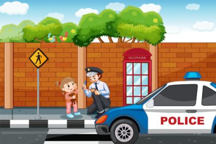 Policeman and Lost Girl in the City Vector