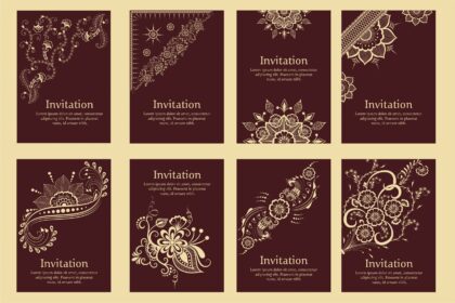 Set Wedding Invitations Announcement Cards with Ornament Vector